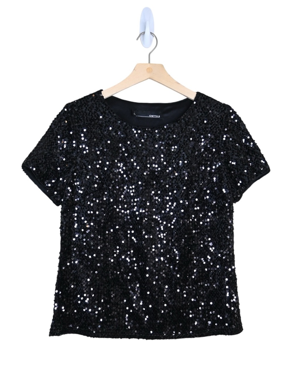 Chetta B Women's L Black Short Sleeve Lined Sequin Top